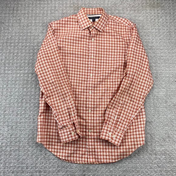 Banana Republic Shirt Men Medium Orange Checkered Button Up Non-Iron Classic Fit - Picture 1 of 7